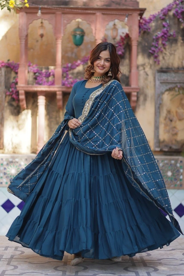 Azorte Fashion Elegant Star Georgette Gown with Designer Embroidered Dupatta – Perfect for Weddings & Special Occasions - Cello, M (38)