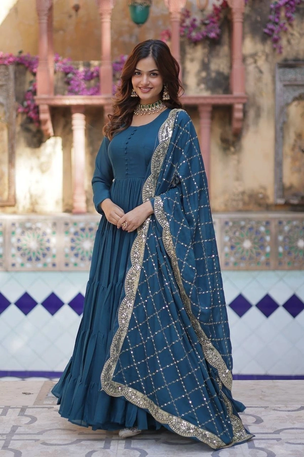 Azorte Fashion Elegant Star Georgette Gown with Designer Embroidered Dupatta – Perfect for Weddings & Special Occasions - Cello, M (38)