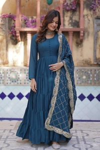 Azorte Fashion Elegant Star Georgette Gown with Designer Embroidered Dupatta – Perfect for Weddings & Special Occasions - Cello, M (38)