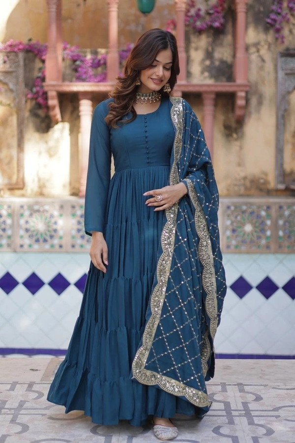 Azorte Fashion Elegant Star Georgette Gown with Designer Embroidered Dupatta – Perfect for Weddings & Special Occasions - Cello, M (38)