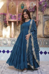 Azorte Fashion Elegant Star Georgette Gown with Designer Embroidered Dupatta – Perfect for Weddings & Special Occasions - Cello, M (38)