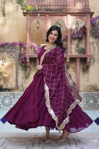 Azorte Fashion Elegant Star Georgette Gown with Designer Embroidered Dupatta – Perfect for Weddings & Special Occasions - Wine Berry, XXL (44)