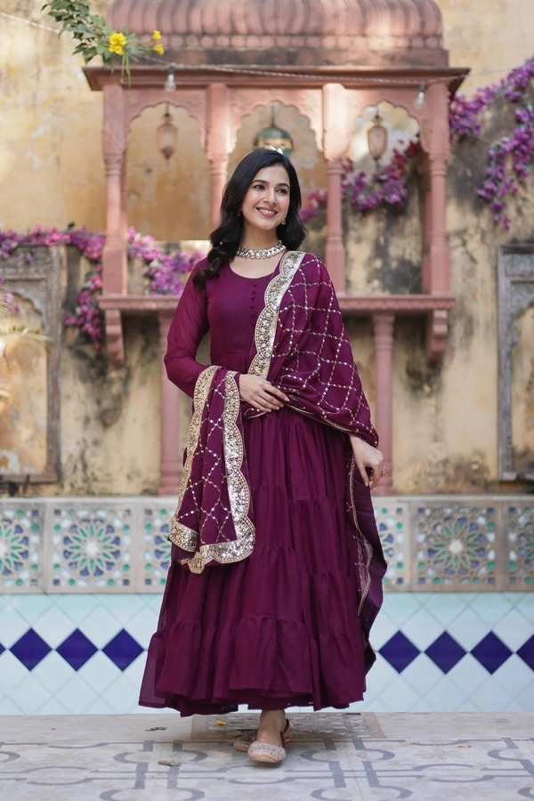 Azorte Fashion Elegant Star Georgette Gown with Designer Embroidered Dupatta – Perfect for Weddings & Special Occasions - Wine Berry, XXL (44)