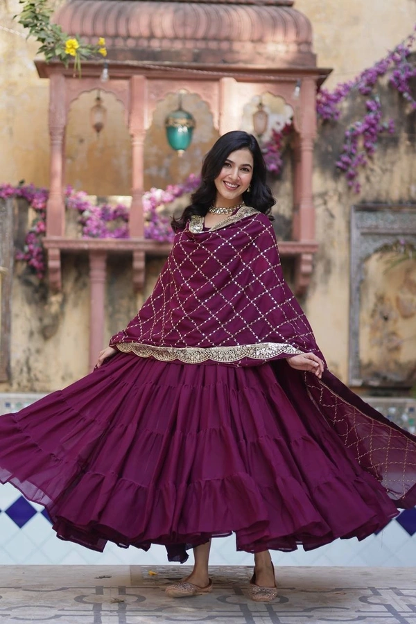 Azorte Fashion Elegant Star Georgette Gown with Designer Embroidered Dupatta – Perfect for Weddings & Special Occasions - Wine Berry, XXL (44)