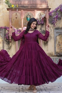 Azorte Fashion Elegant Star Georgette Gown with Designer Embroidered Dupatta – Perfect for Weddings & Special Occasions - Wine Berry, XXL (44)