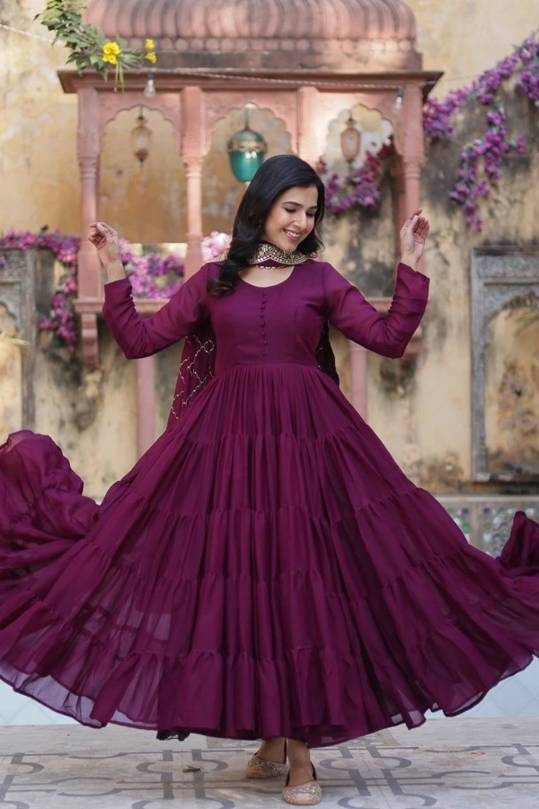 Azorte Fashion Elegant Star Georgette Gown with Designer Embroidered Dupatta – Perfect for Weddings & Special Occasions - Wine Berry, XXL (44)