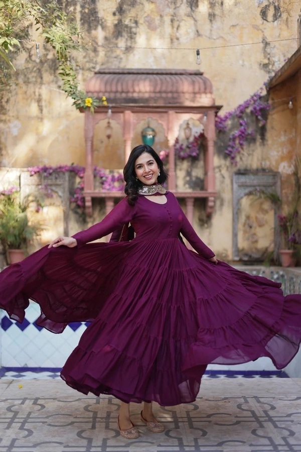 Azorte Fashion Elegant Star Georgette Gown with Designer Embroidered Dupatta – Perfect for Weddings & Special Occasions - Wine Berry, XXL (44)