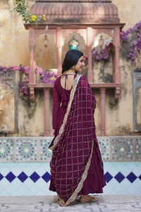 Azorte Fashion Elegant Star Georgette Gown with Designer Embroidered Dupatta – Perfect for Weddings & Special Occasions - Wine Berry, XXL (44)