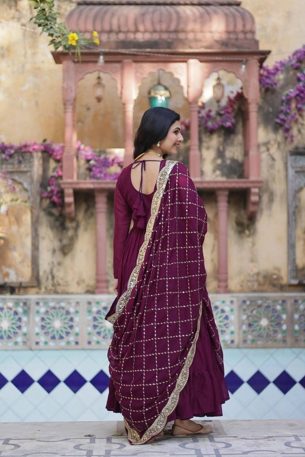 Azorte Fashion Elegant Star Georgette Gown with Designer Embroidered Dupatta – Perfect for Weddings & Special Occasions - Wine Berry, XXL (44)