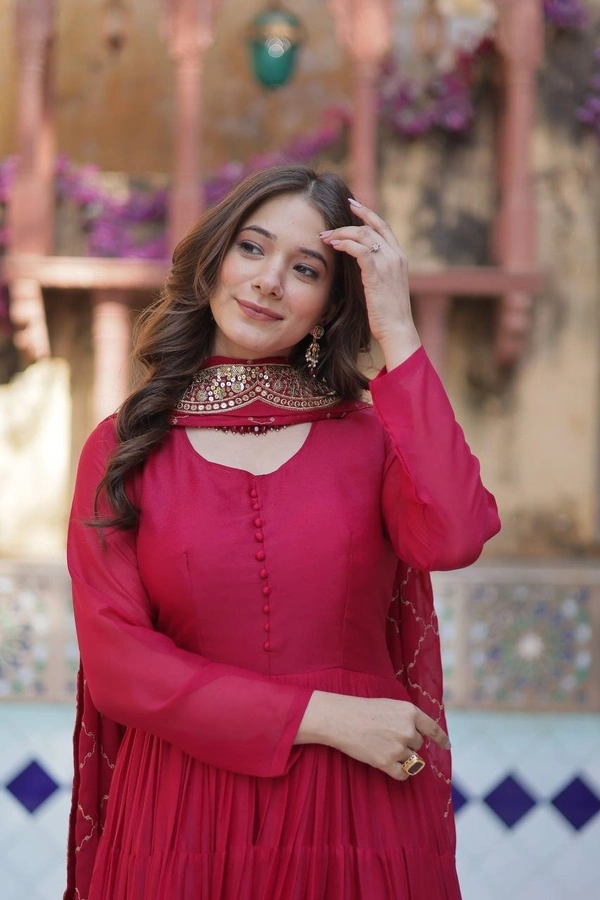Azorte Fashion Elegant Star Georgette Gown with Designer Embroidered Dupatta – Perfect for Weddings & Special Occasions - Cerise Red, XXL (44)