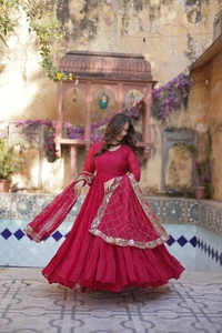 Azorte Fashion Elegant Star Georgette Gown with Designer Embroidered Dupatta – Perfect for Weddings & Special Occasions - Cerise Red, XXL (44)