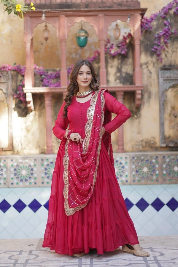 Azorte Fashion Elegant Star Georgette Gown with Designer Embroidered Dupatta – Perfect for Weddings & Special Occasions - Cerise Red, XXL (44)