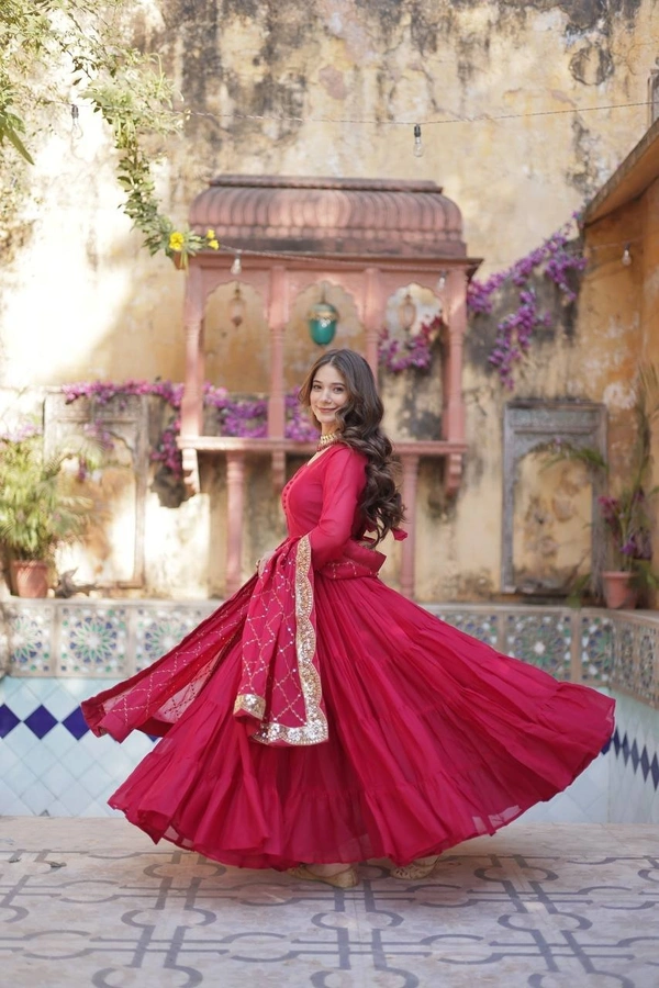 Azorte Fashion Elegant Star Georgette Gown with Designer Embroidered Dupatta – Perfect for Weddings & Special Occasions - Cerise Red, XXL (44)