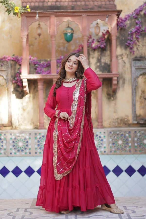 Azorte Fashion Elegant Star Georgette Gown with Designer Embroidered Dupatta – Perfect for Weddings & Special Occasions - Cerise Red, XXL (44)