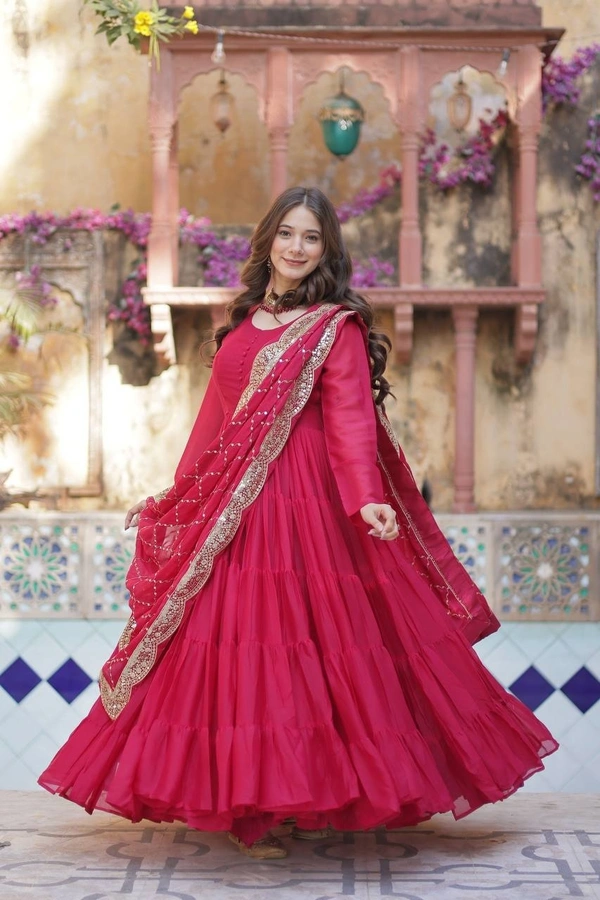 Azorte Fashion Elegant Star Georgette Gown with Designer Embroidered Dupatta – Perfect for Weddings & Special Occasions - Cerise Red, XXL (44)