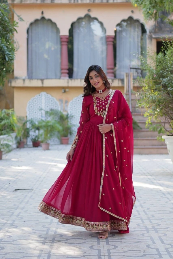 Azorte Fashion Luxury Faux Blooming Georgette Gown with Designer Embroidered Dupatta – Perfect for Weddings & Special Events - Rose Bud Cherry, XL (42)