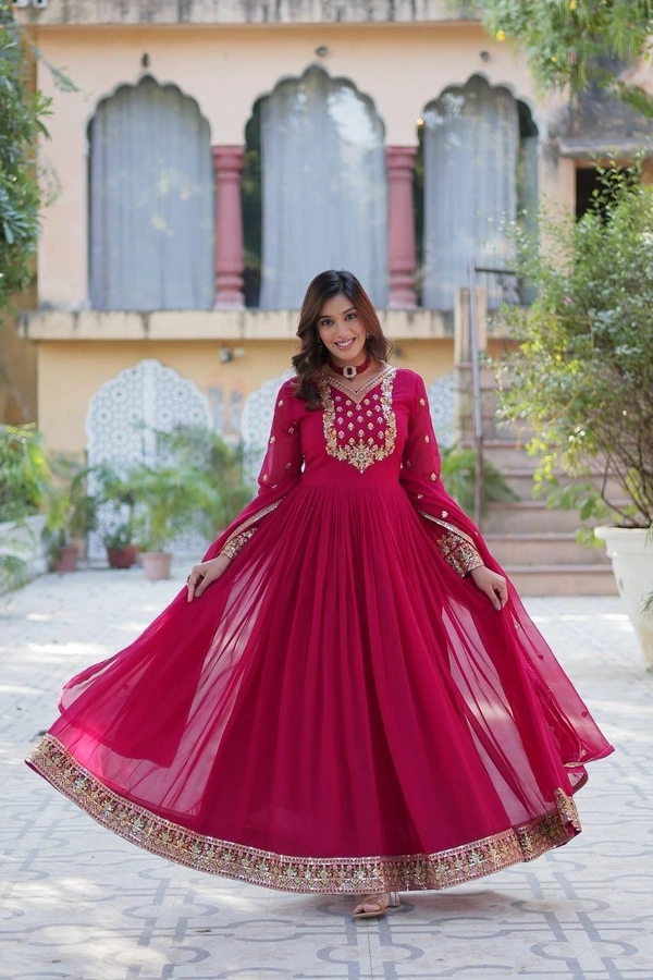 Azorte Fashion Luxury Faux Blooming Georgette Gown with Designer Embroidered Dupatta – Perfect for Weddings & Special Events - Rose Bud Cherry, XL (42)