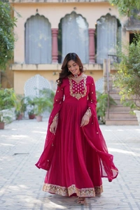 Azorte Fashion Luxury Faux Blooming Georgette Gown with Designer Embroidered Dupatta – Perfect for Weddings & Special Events - Rose Bud Cherry, XL (42)