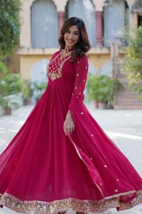 Azorte Fashion Luxury Faux Blooming Georgette Gown with Designer Embroidered Dupatta – Perfect for Weddings & Special Events - Rose Bud Cherry, XL (42)