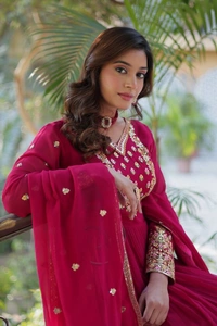 Azorte Fashion Luxury Faux Blooming Georgette Gown with Designer Embroidered Dupatta – Perfect for Weddings & Special Events - Rose Bud Cherry, XL (42)