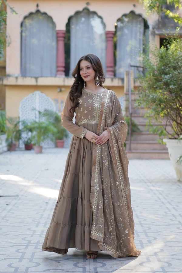 Azorte Fashion Elegant Star Georgette Gown with Designer Dupatta – 15 Meter Flair & 5-Layer Frill Stitching - Americano, M (38)