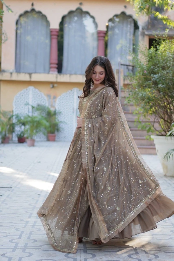 Azorte Fashion Elegant Star Georgette Gown with Designer Dupatta – 15 Meter Flair & 5-Layer Frill Stitching - Americano, M (38)