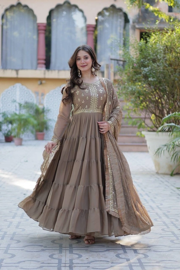 Azorte Fashion Elegant Star Georgette Gown with Designer Dupatta – 15 Meter Flair & 5-Layer Frill Stitching - Americano, M (38)