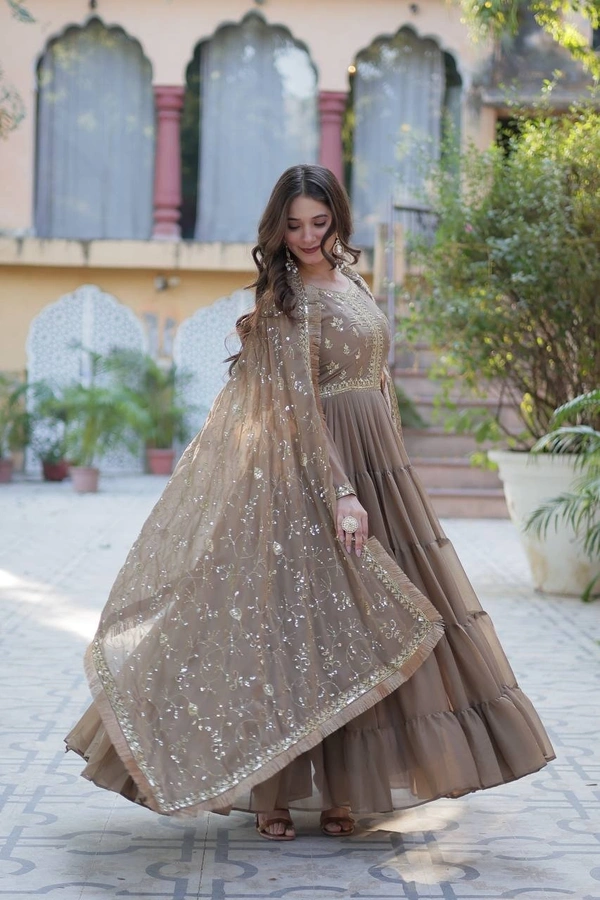 Azorte Fashion Elegant Star Georgette Gown with Designer Dupatta – 15 Meter Flair & 5-Layer Frill Stitching - Americano, M (38)