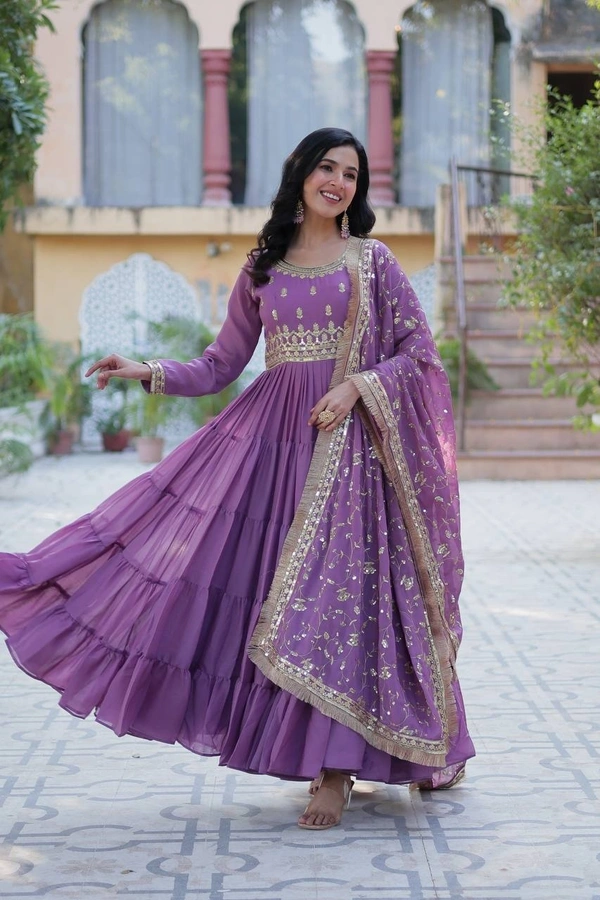 Azorte Fashion Elegant Star Georgette Gown with Designer Dupatta – 15 Meter Flair & 5-Layer Frill Stitching - Affair, M (38)