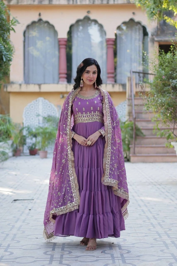 Azorte Fashion Elegant Star Georgette Gown with Designer Dupatta – 15 Meter Flair & 5-Layer Frill Stitching - Affair, M (38)