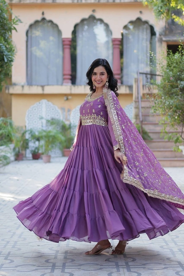 Azorte Fashion Elegant Star Georgette Gown with Designer Dupatta – 15 Meter Flair & 5-Layer Frill Stitching - Affair, M (38)
