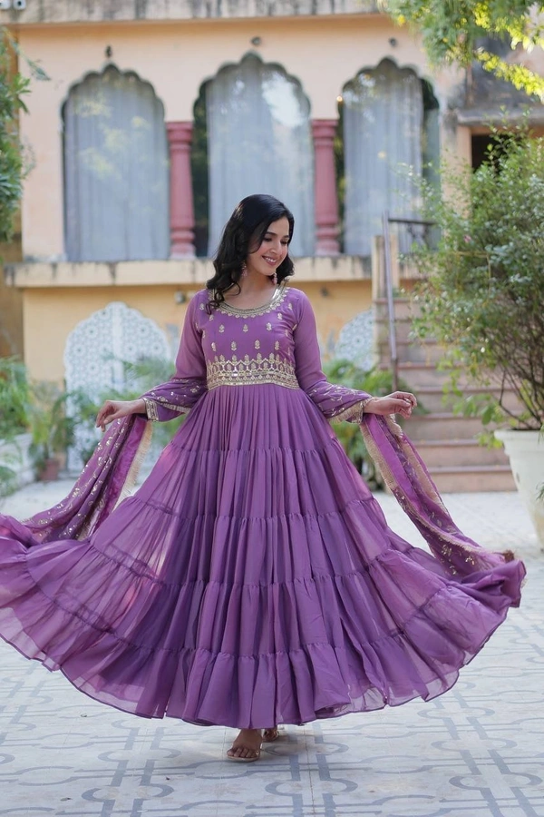 Azorte Fashion Elegant Star Georgette Gown with Designer Dupatta – 15 Meter Flair & 5-Layer Frill Stitching - Affair, M (38)