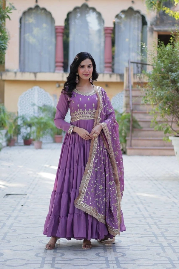 Azorte Fashion Elegant Star Georgette Gown with Designer Dupatta – 15 Meter Flair & 5-Layer Frill Stitching - Affair, M (38)