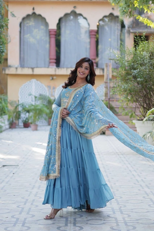 Azorte Fashion Elegant Star Georgette Gown with Designer Dupatta – 15 Meter Flair & 5-Layer Frill Stitching - Danube, L (40)