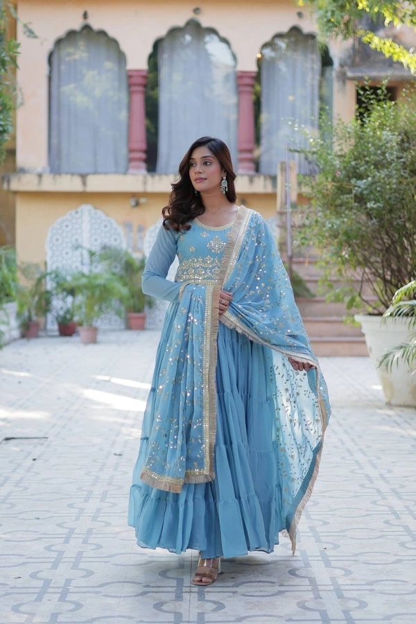 Azorte Fashion Elegant Star Georgette Gown with Designer Dupatta – 15 Meter Flair & 5-Layer Frill Stitching - Danube, L (40)