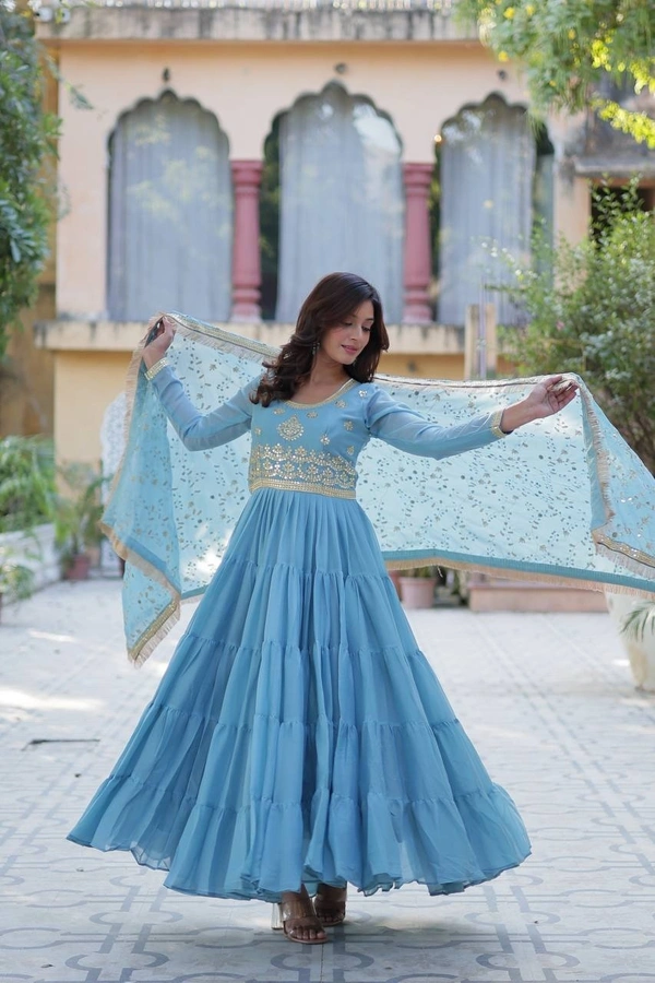 Azorte Fashion Elegant Star Georgette Gown with Designer Dupatta – 15 Meter Flair & 5-Layer Frill Stitching - Danube, L (40)