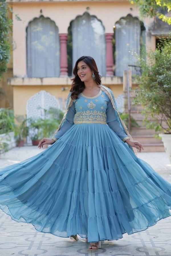 Azorte Fashion Elegant Star Georgette Gown with Designer Dupatta – 15 Meter Flair & 5-Layer Frill Stitching - Danube, L (40)