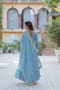 Azorte Fashion Elegant Star Georgette Gown with Designer Dupatta – 15 Meter Flair & 5-Layer Frill Stitching - Danube, L (40)