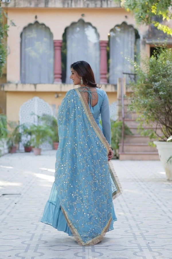 Azorte Fashion Elegant Star Georgette Gown with Designer Dupatta – 15 Meter Flair & 5-Layer Frill Stitching - Danube, L (40)