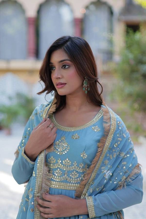 Azorte Fashion Elegant Star Georgette Gown with Designer Dupatta – 15 Meter Flair & 5-Layer Frill Stitching - Danube, L (40)