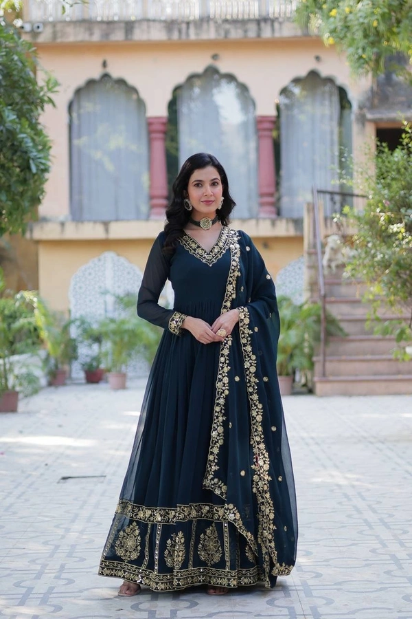 Azorte Fashion Luxury Faux Blooming Georgette Gown with Zari & Sequins Embroidery – Designer Gown with Dupatta - Firefly, M (38)