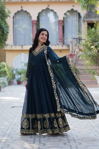 Azorte Fashion Luxury Faux Blooming Georgette Gown with Zari & Sequins Embroidery – Designer Gown with Dupatta - Firefly, M (38)