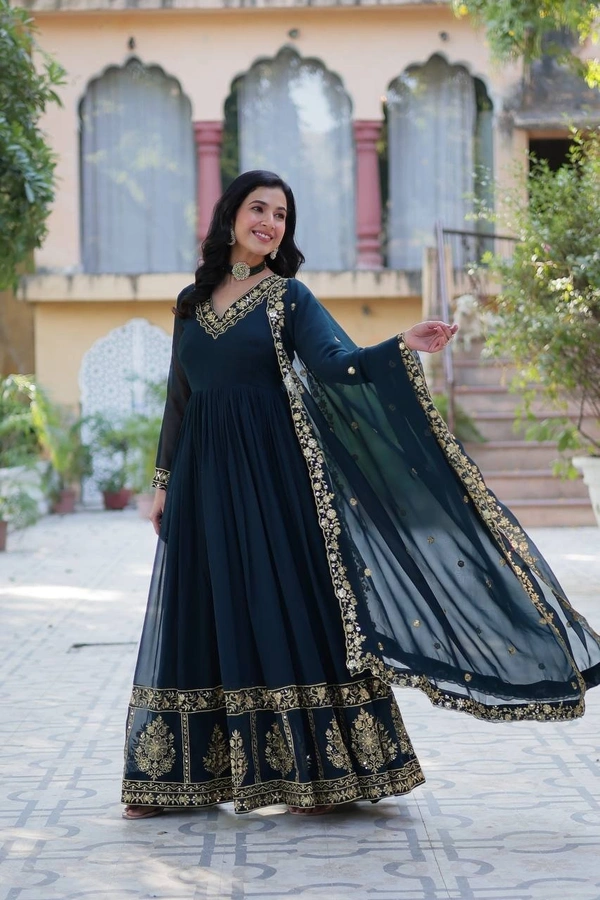 Azorte Fashion Luxury Faux Blooming Georgette Gown with Zari & Sequins Embroidery – Designer Gown with Dupatta - Firefly, M (38)