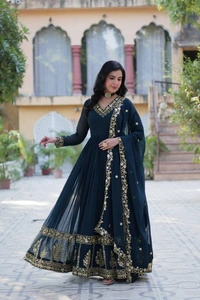 Azorte Fashion Luxury Faux Blooming Georgette Gown with Zari & Sequins Embroidery – Designer Gown with Dupatta - Firefly, M (38)
