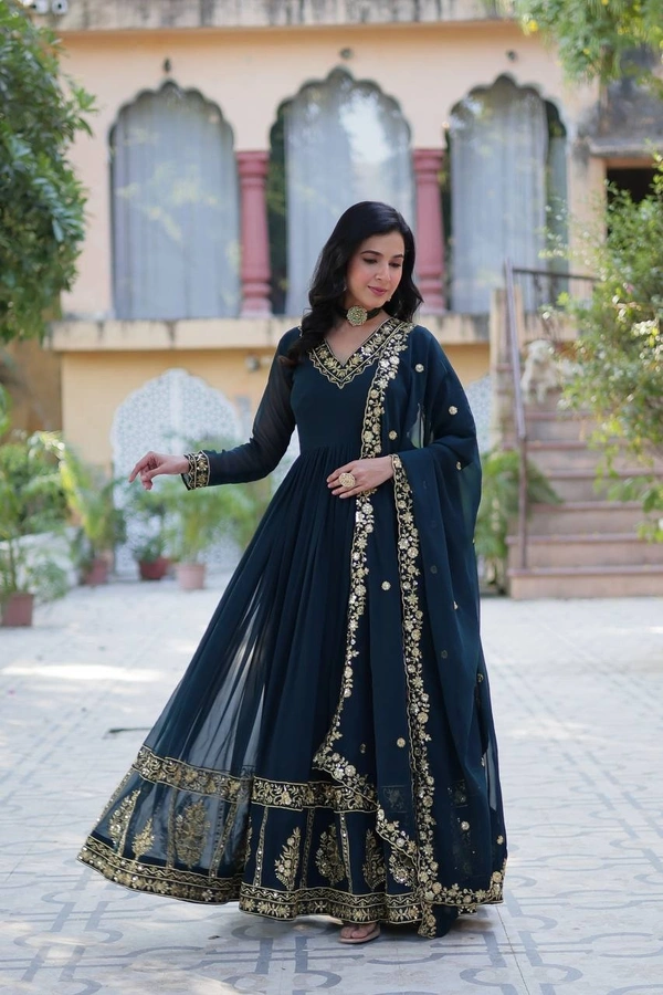 Azorte Fashion Luxury Faux Blooming Georgette Gown with Zari & Sequins Embroidery – Designer Gown with Dupatta - Firefly, M (38)