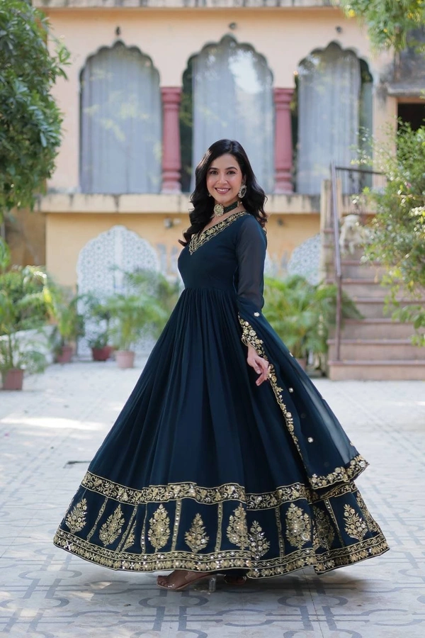 Azorte Fashion Luxury Faux Blooming Georgette Gown with Zari & Sequins Embroidery – Designer Gown with Dupatta - Firefly, M (38)