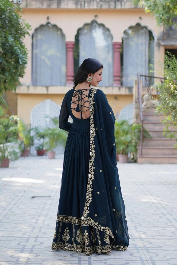 Azorte Fashion Luxury Faux Blooming Georgette Gown with Zari & Sequins Embroidery – Designer Gown with Dupatta - Firefly, M (38)