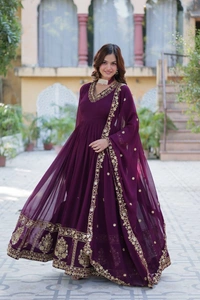 Azorte Fashion Luxury Faux Blooming Georgette Gown with Zari & Sequins Embroidery – Designer Gown with Dupatta - Valentino, XXL (44)