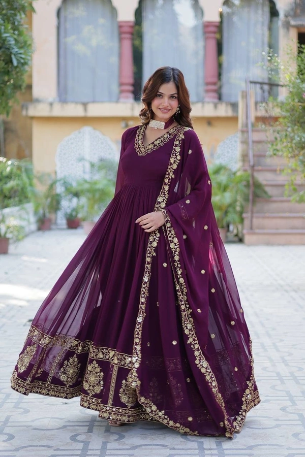 Azorte Fashion Luxury Faux Blooming Georgette Gown with Zari & Sequins Embroidery – Designer Gown with Dupatta - Valentino, XXL (44)