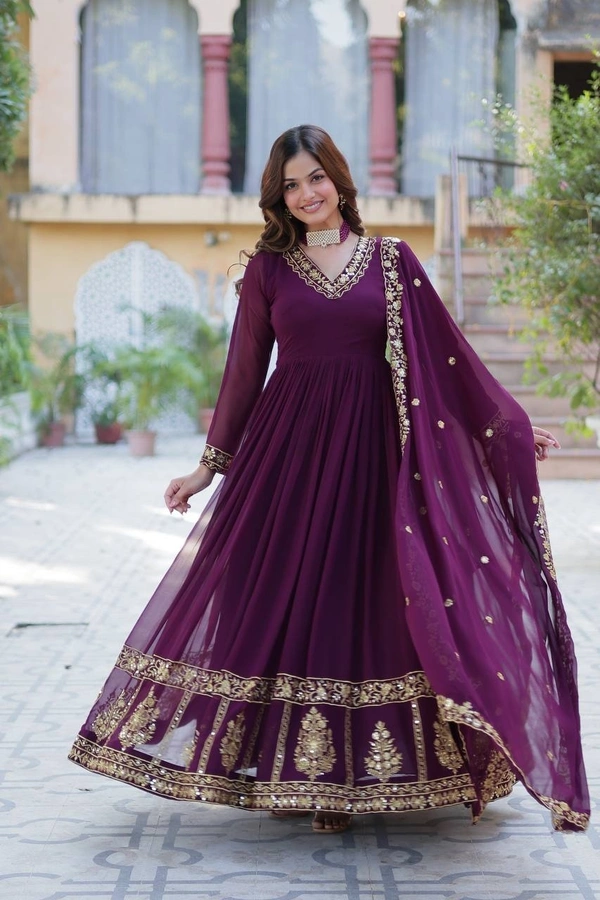 Azorte Fashion Luxury Faux Blooming Georgette Gown with Zari & Sequins Embroidery – Designer Gown with Dupatta - Valentino, XXL (44)